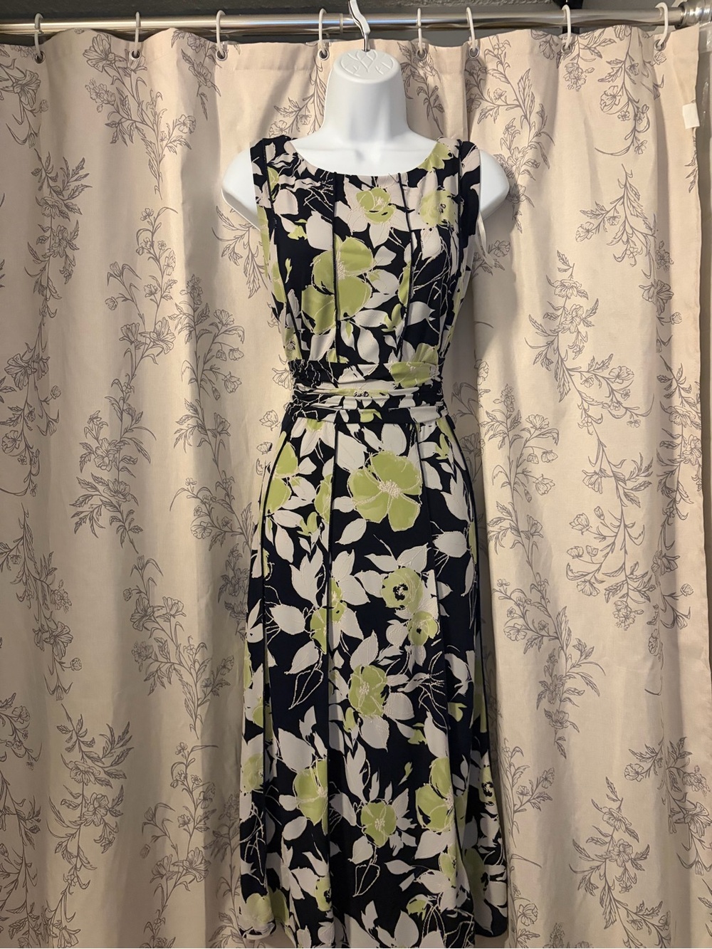 Perceptions Black Midi Dress with Lime Green and Cream Floral Print - Picture 1 of 3